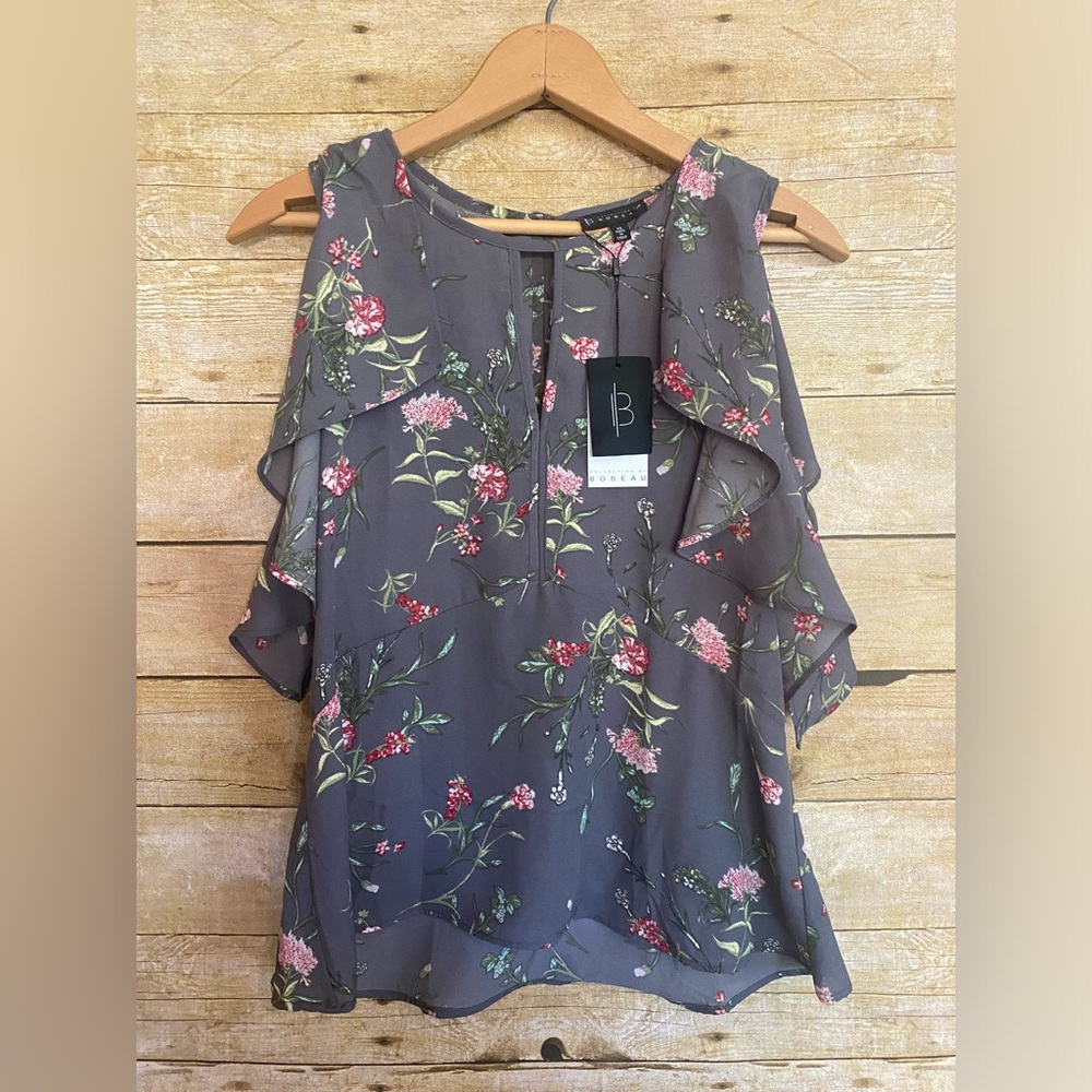 Bobeau XS Floral Blouse Sleeveless Ruffle Gray NWT